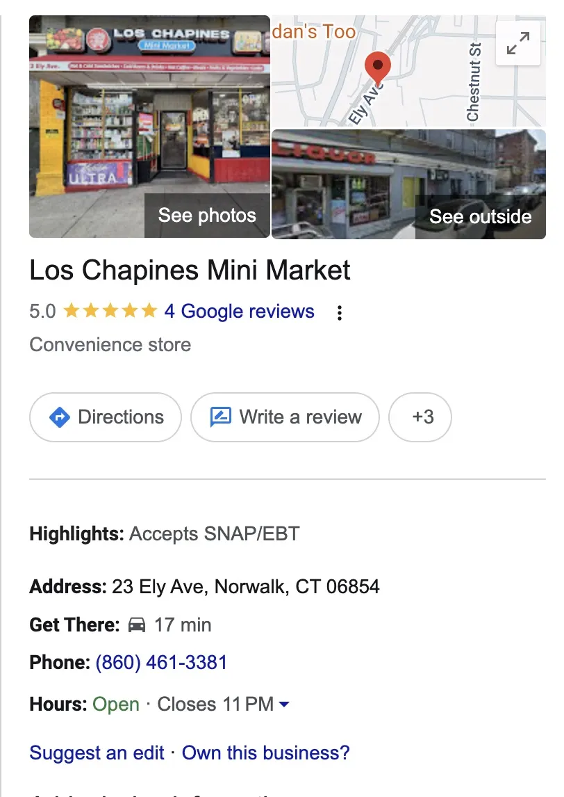 Provided Google Business Profile screenshot for Los Chapines Mini Market