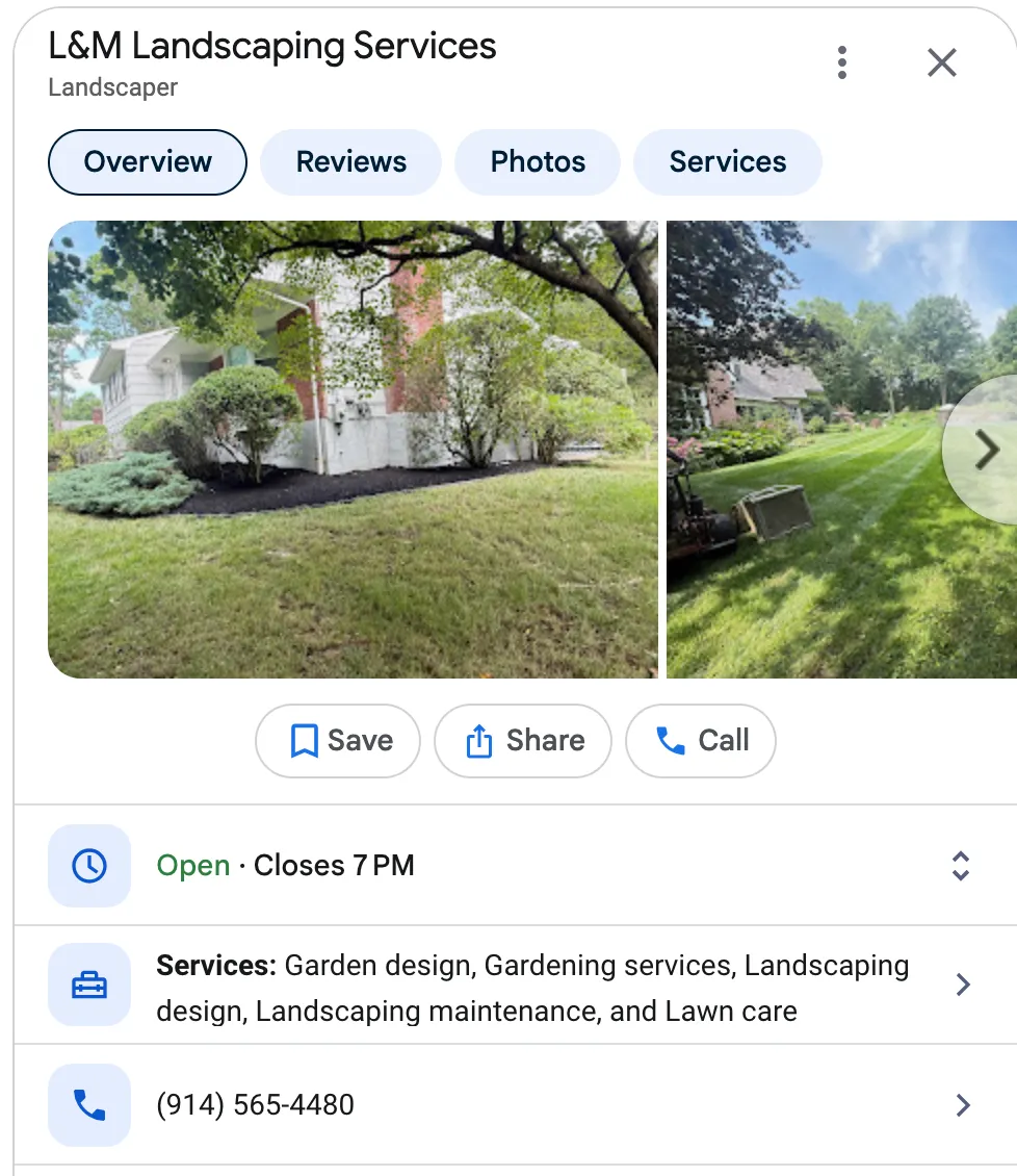 Provided Google Business Profile screenshot for L and M Landscaping Services
