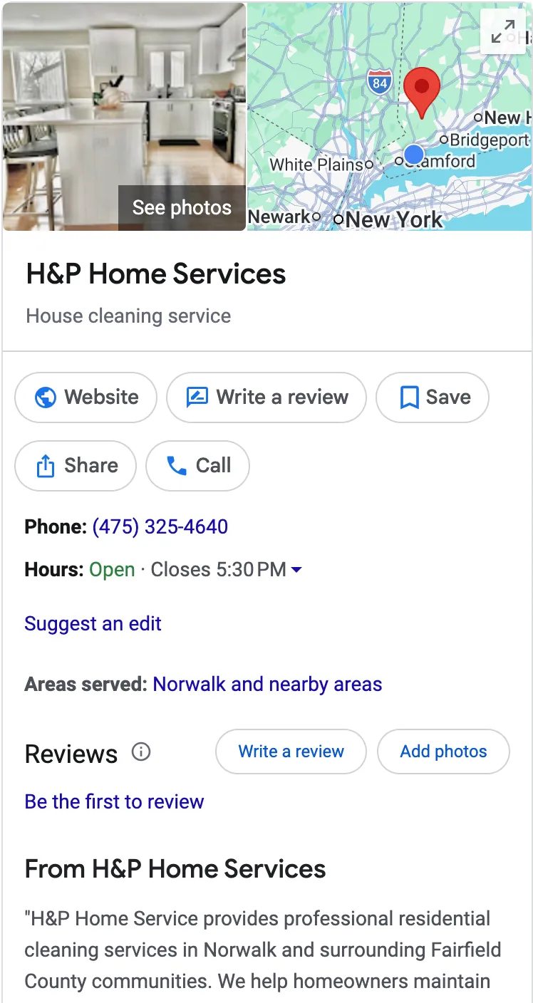 Provided Google Business Profile screenshot for H and P Home Services